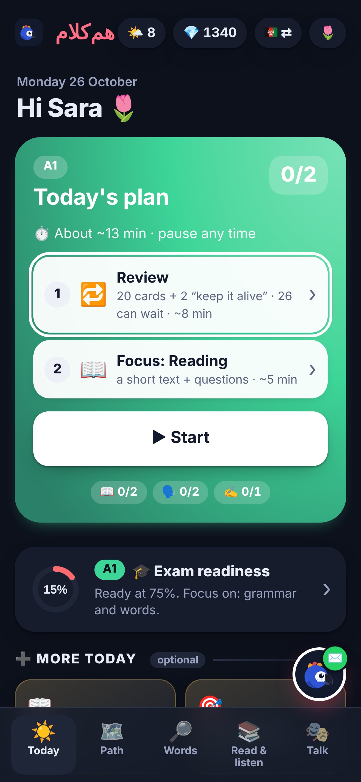 Hamkalam today screen with a daily plan